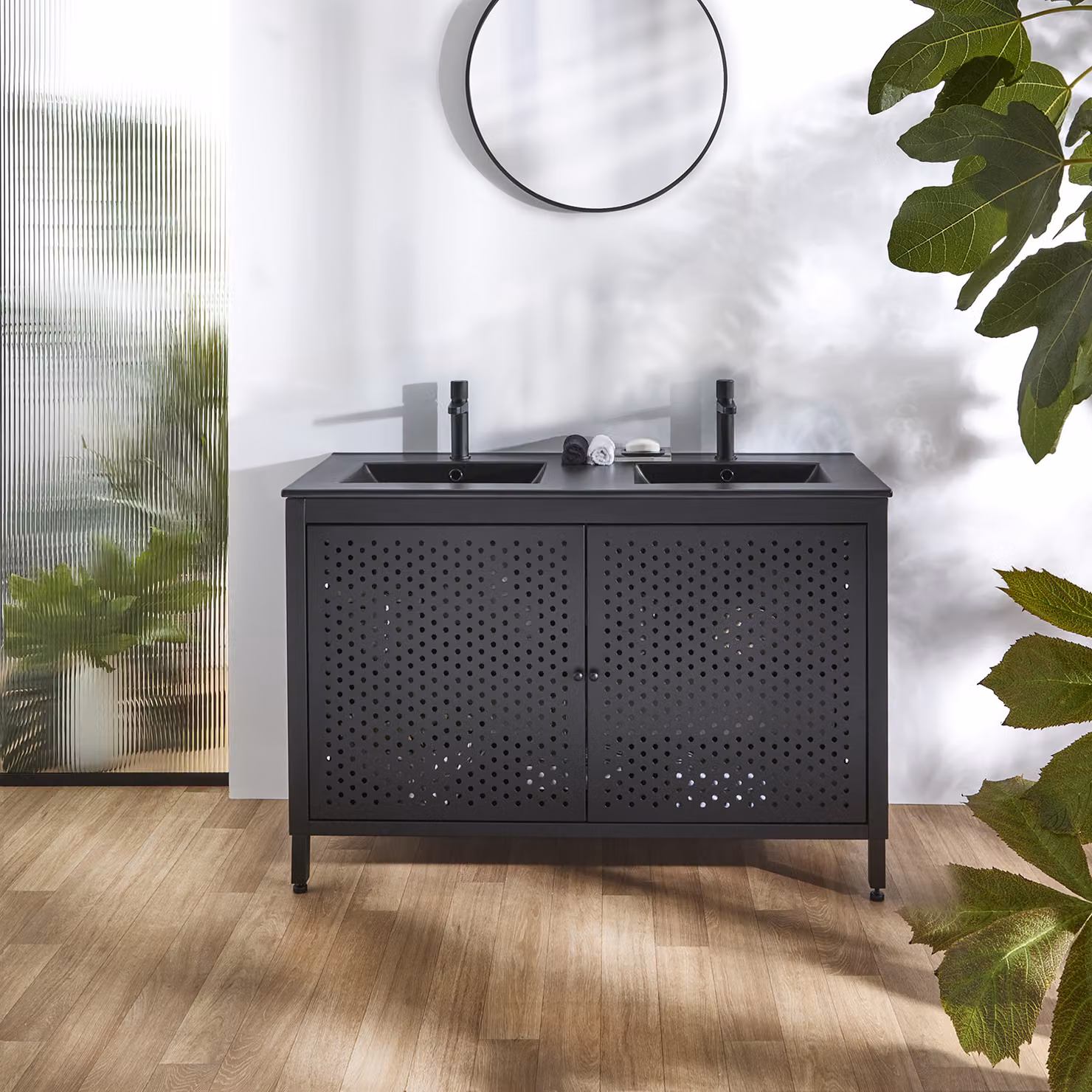 Mobile da Lavabo per Bagno in Metallo Nero da 1210mm con Lavabo Doppio Elements Colore Grafito - Beswick