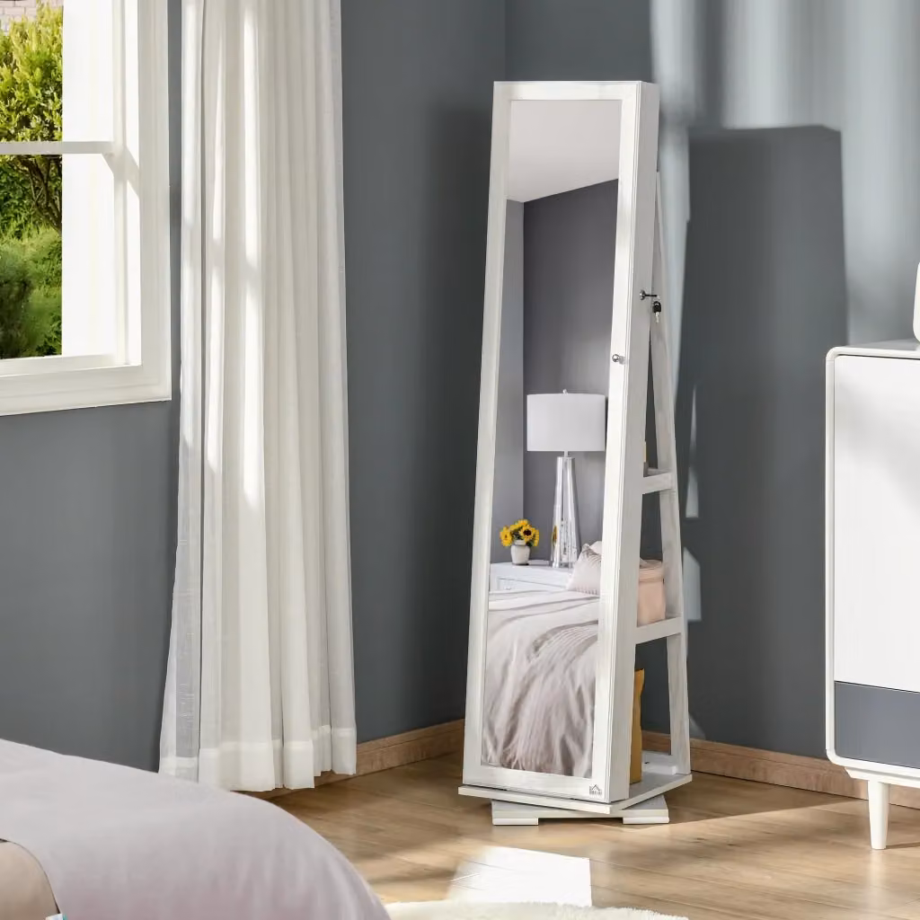 EasyComfort Specchio Portagioie Girevole per Camera da Letto con Illuminazione LED, in Legno Bianco e Vetro, H 160 x L 38 x P 38 cm – 2