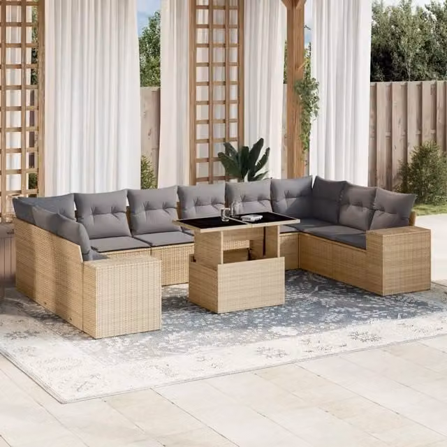 Set di Divani da Giardino vidaXL 11 Pezzi con Cuscini Beige e Grigio in Polyrattan e Metallo con Tavolino da Esterno