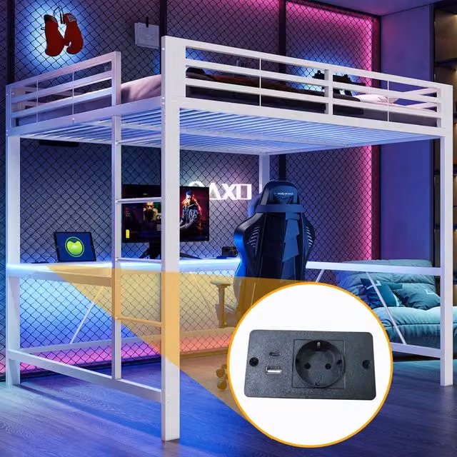 Letto a soppalco gaming in metallo con LED, USB e scrivania, 160x200 cm, bianco