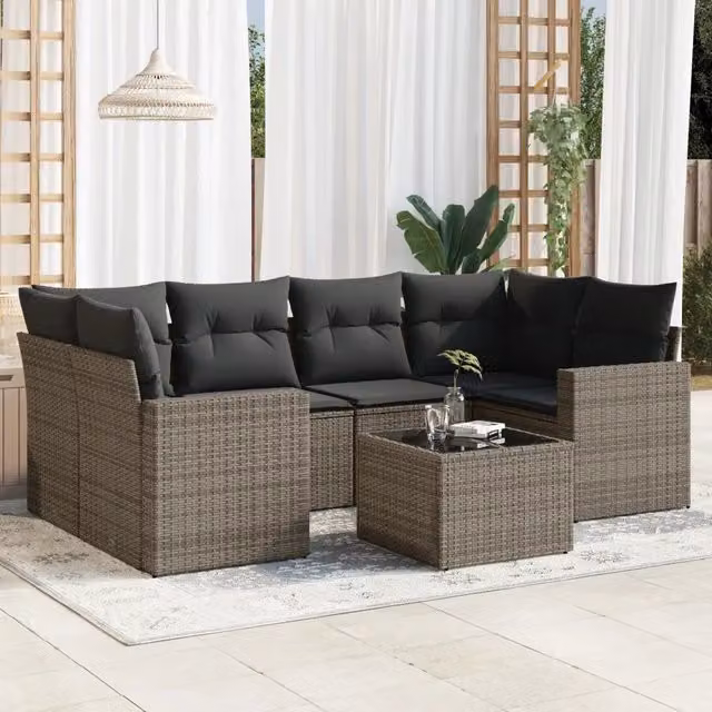 Set di divani da giardino VIDAXL in polyrattan grigio con cuscini, composizione a L da 7 pezzi – 1