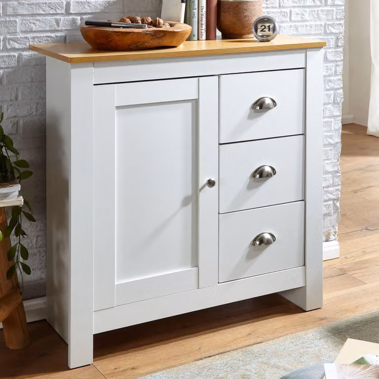 FineBuy credenza con 3 cassetti 79x81x35 cm cassettiera bianco/rovere design moderno credenza alta con anta cassettiera soggiorno