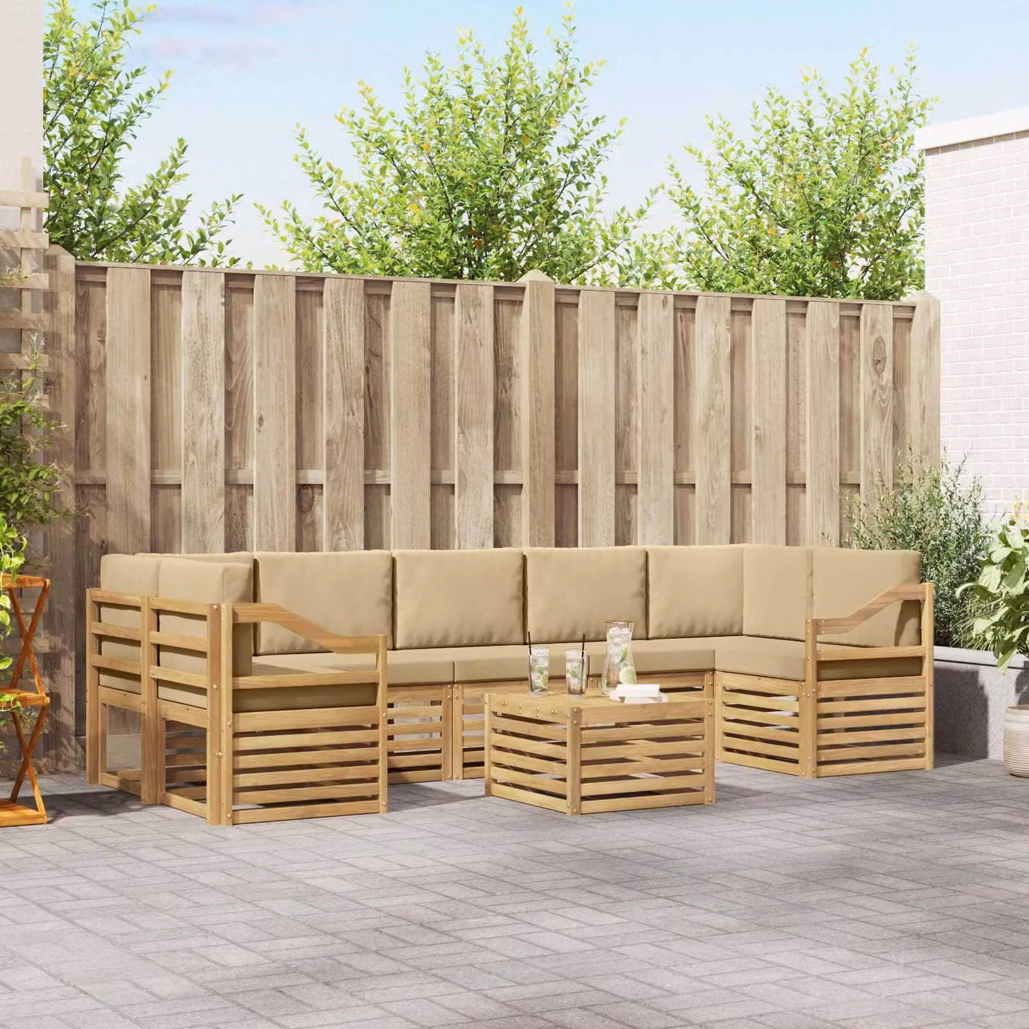 Set di divani da esterno vidaXL 8 pz in legno di acacia e poliestere, Bianco e Beige