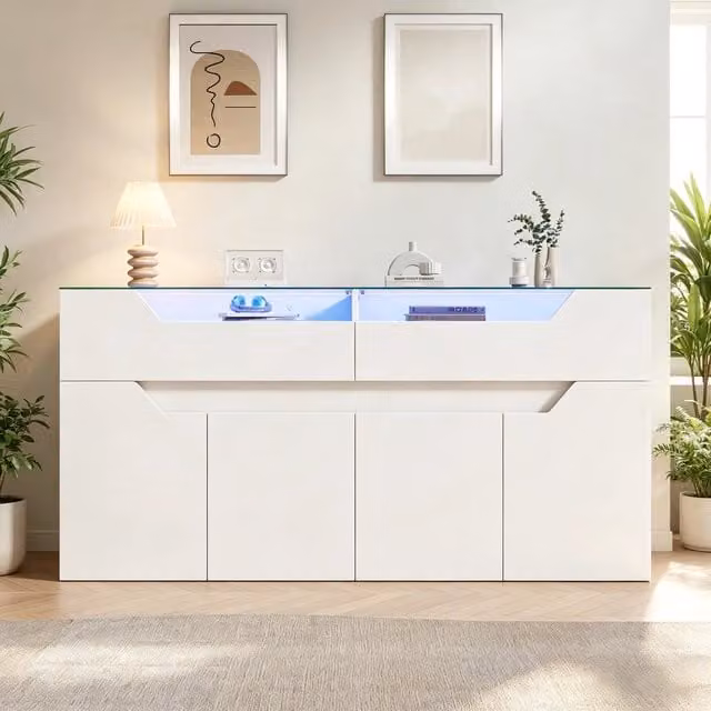 Cassettiera Minimal bianca effetto legno in MDF con 2 cassetti per soggiorno L: 140 cm, P: 40 cm, H: 70 cm