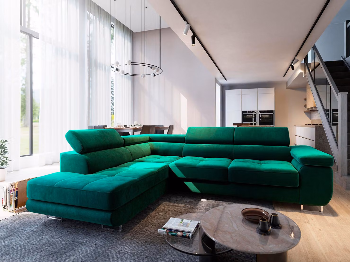 Divano angolare Masseno SELVA L-S con funzione letto a L, divano con box letto, divano da soggiorno, divano, divano letto, set di divani - verde, MONOLITH 37