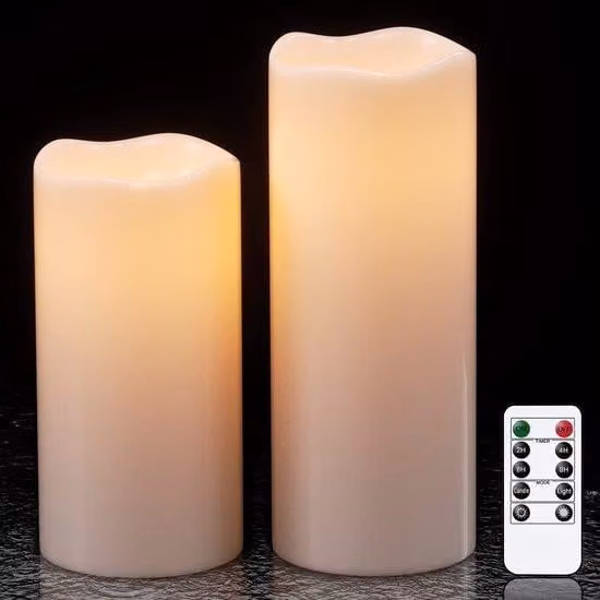 Set di 2 candele LED senza fiamma, impermeabili, in plastica, alte 20 e 25 cm, diametro 10 cm, con telecomando e timer, dimmerabili, adatte per interni ed esterni