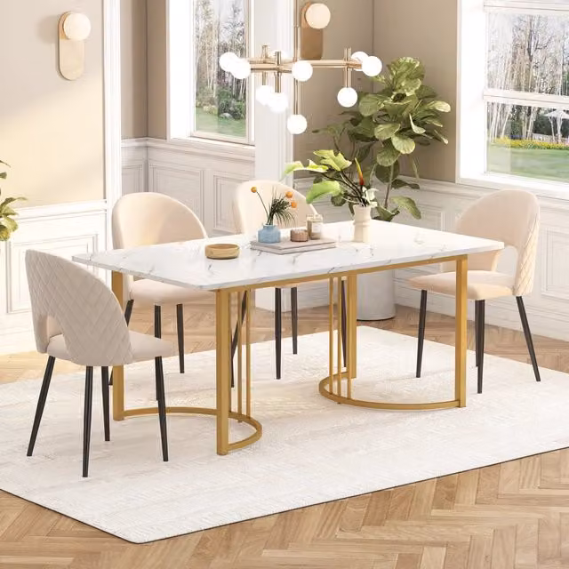 Set tavolo e 4 sedie da pranzo MIVRAY moderno in velluto beige e bianco con tavolo rettangolare in MDF laccato lucido L: 140 cm, P: 80 cm