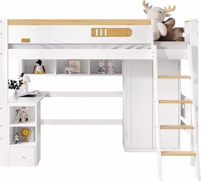 Letto a castello per bambini 90x200 cm con scrivania, armadio, scaffali e scala