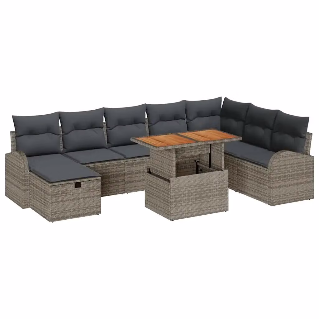 Set Divano da Giardino vidaXL 9 Pezzi in Polyrattan Grigio con Cuscini e Tavolino – 2