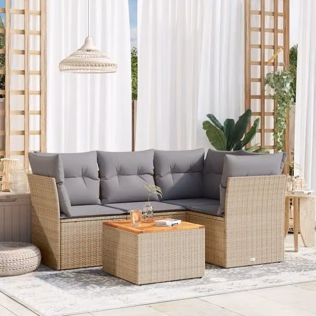 Set Divano da Giardino a L vidaXL in Polyrattan con Cuscini Beige e Grigio e Tavolino da Esterno – 1