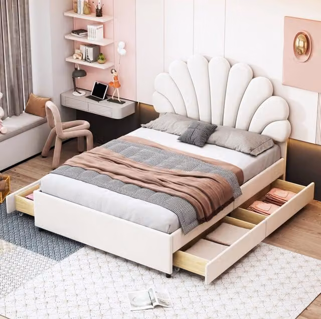 Letto matrimoniale imbottito ULEVR 140x200 cm con testiera a fiore, 4 cassetti e rete a doghe, velluto beige