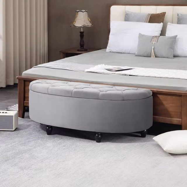 Panca contenitore OKWISH in velluto grigio con seduta imbottita per camera da letto e soggiorno L: 120 cm – 1