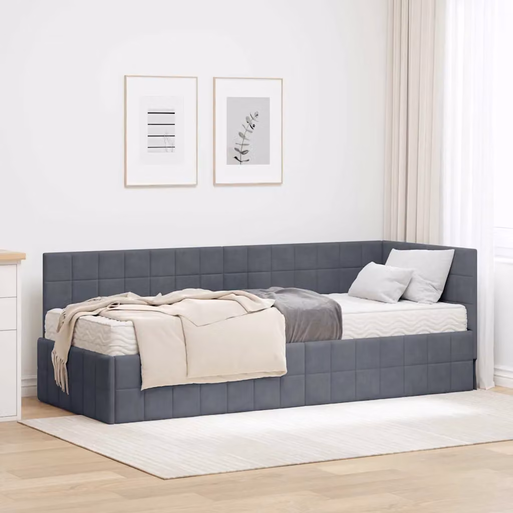 vidaXL Struttura Letto Angolare con 2 Materassi in Schiuma, Rivestimento in Velluto Grigio, L/P/H: 200 x 80 x 72 cm – 1