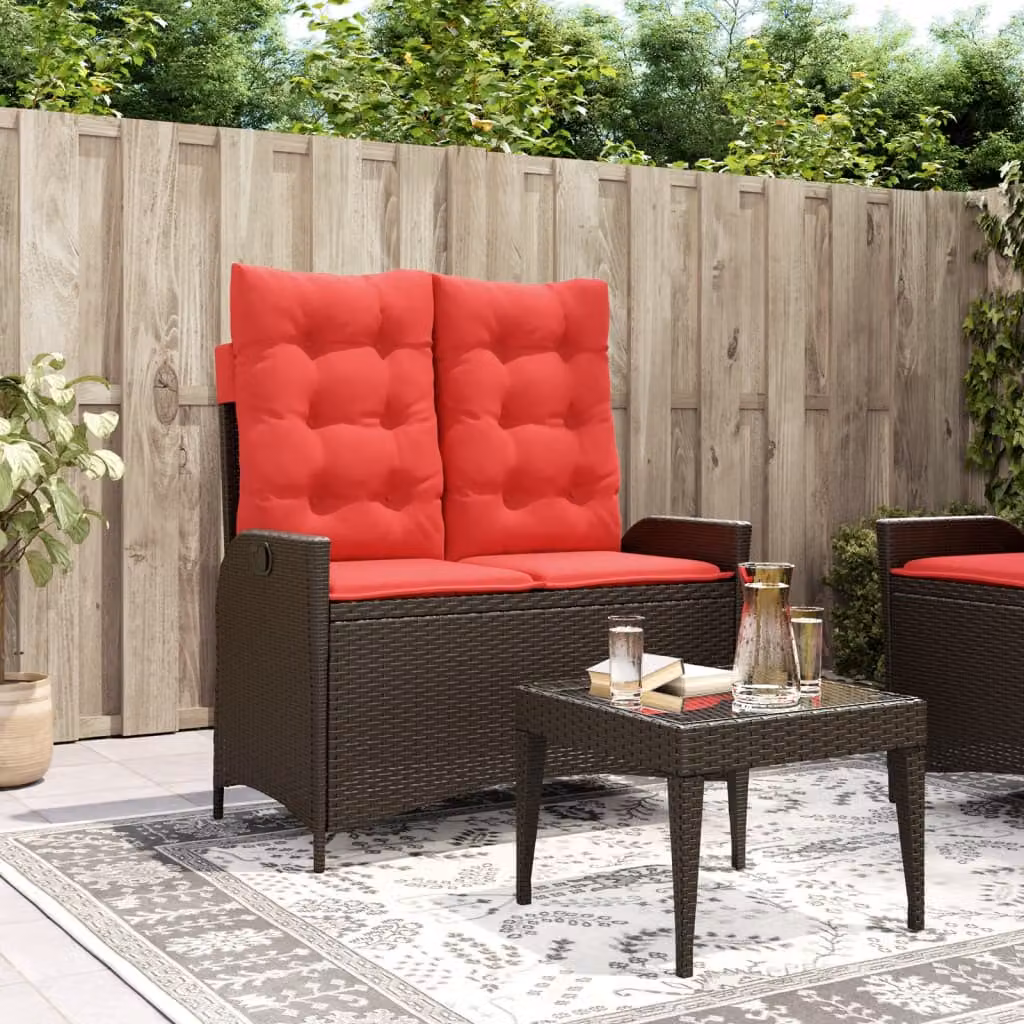 vidaXL Panca Reclinabile da Giardino in Polyrattan e Metallo con Cuscini Marrone e Rosso