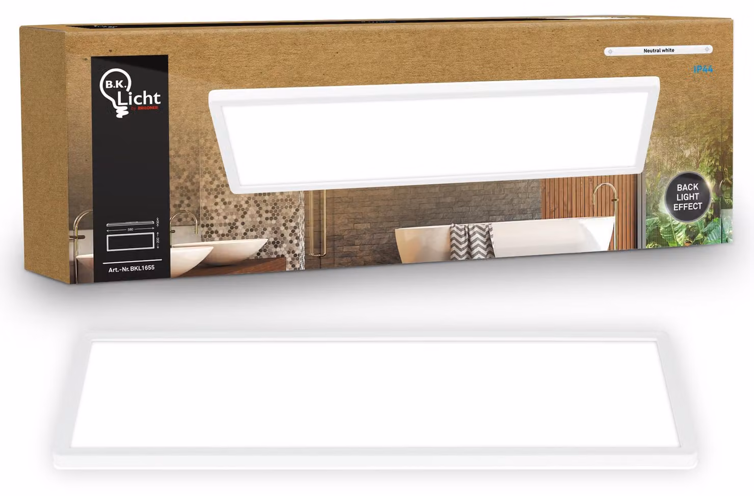 B.K.Licht Pannello LED piatto 58x20cm squadrato 22W 3000lm 4000K bianco neutro protezione dagli spruzzi d'acqua bianco - Lampada da soffitto bagno cucina soggiorno