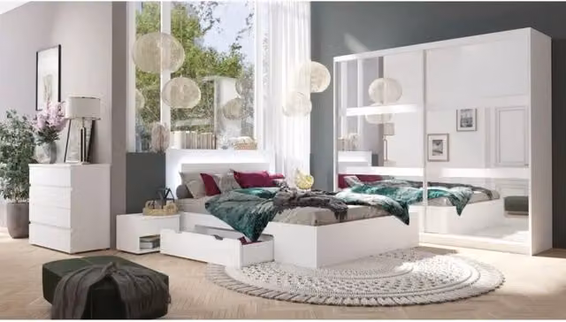 Set camera da letto NOFI Meublorama in legno composito bianco con letto 140x200 cm, doghe, 2 cassetti, comodini, armadio e cassettiera