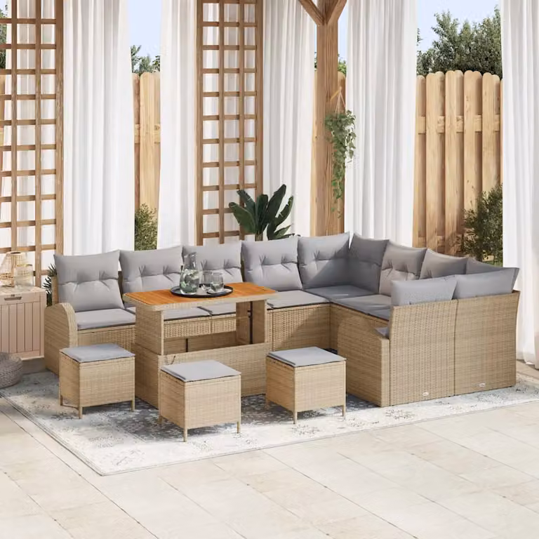 Set Divano da Giardino vidaXL 13 pz a forma di U in Polyrattan Beige con Cuscini e Tavolino da Caffè