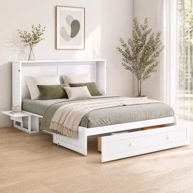 Letto a scomparsa ULEVR 140x200 cm in pino e MDF, con cassetto e 2 ripiani laterali, bianco