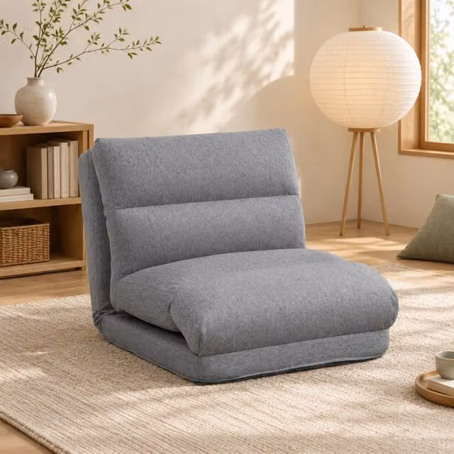 Sedia da pavimento pieghevole con schienale regolabile a 6 posizioni, imbottitura spessa, funzione letto, tessuto effetto lino grigio, 70x41x56 cm