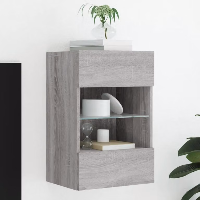 Mobile TV da parete vidaXL con luci LED integrate, Grigio Sonoma, L: 40 cm, P: 30 cm, H: 60,5 cm