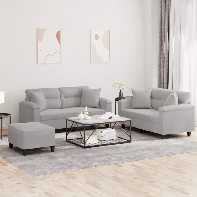 vidaXL Set di Divani 3 Pezzi con Cuscini in Microfibra Grigio Chiaro