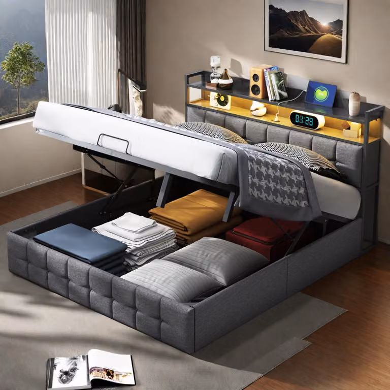 Letto imbottito ProximaX 140x200 con USB e tipo C, letto a molle con rete a doghe, letto per ragazzi con LED, letto contenitore idraulico letto matrimoniale, biancheria, grigio