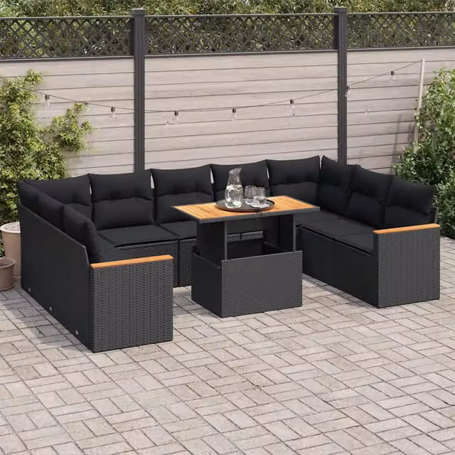 Set Divani Giardino 10pz con Cuscini Nero in Polyrattan Acacia 3327527