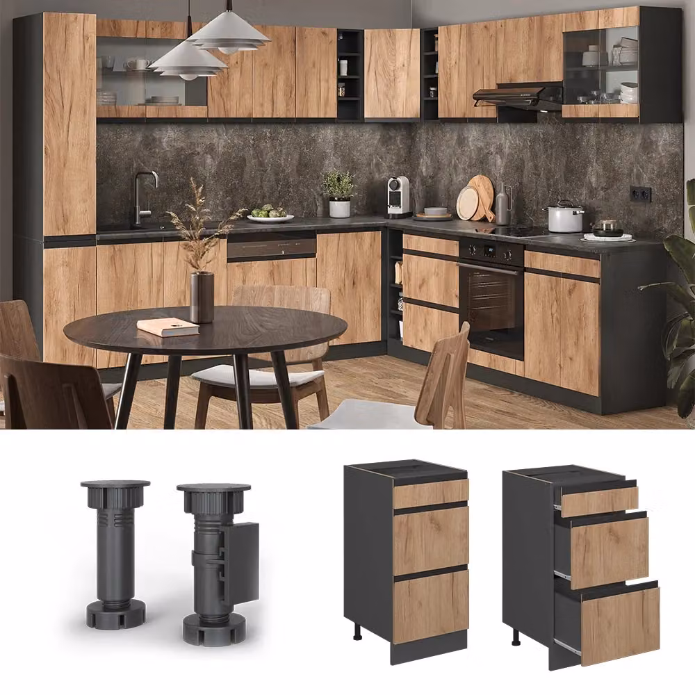 Mobiletto base per cucina Vicco R-Line Rovere dorato e Antracite con cassetti, forma a J, senza piano di lavoro, L: 40 cm – 2