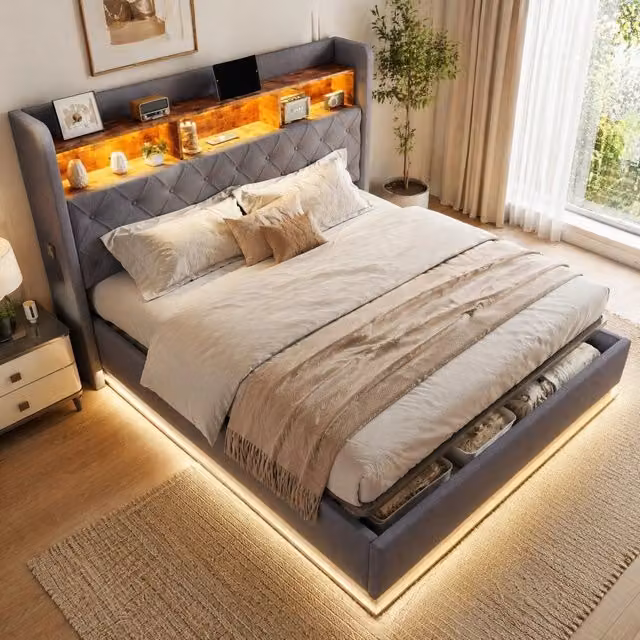 Letto imbottito con LED 180x200 cm, contenitore idraulico, USB integrata, tessuto di lino grigio