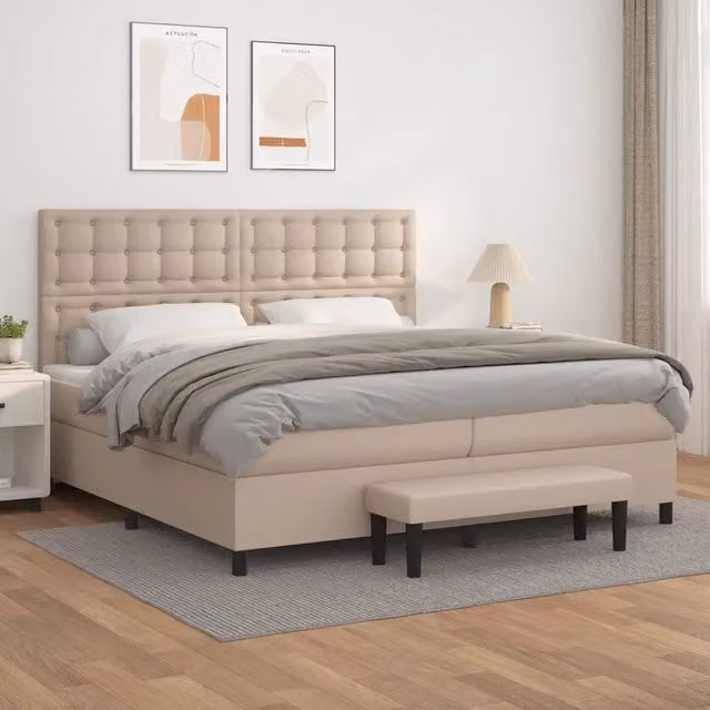 Letto con Giroletto a Molle e Materasso Ibrido vidaXL in Similpelle Beige, L/P/H: 200 x 200 x 128 cm