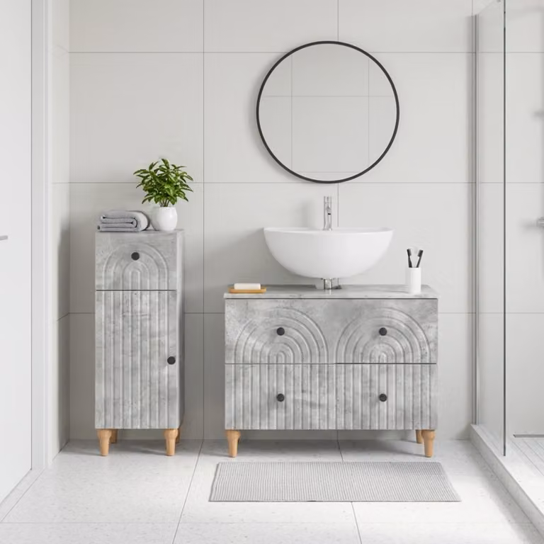 Set di 2 mobili da bagno moderni vidaXL ALKMAAR in legno, colore grigio, con ante a cerniera e ripiani interni, freestanding