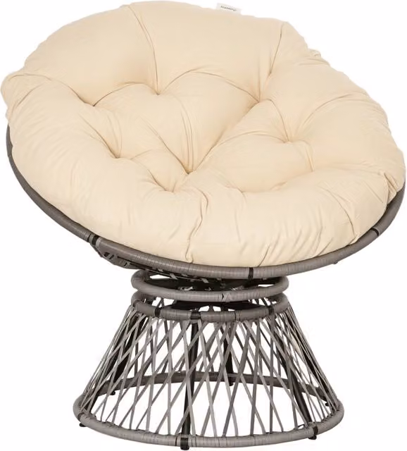 Poltrona Papasan Girevole da Giardino Zephmum in Rattan Intrecciato e Tessuto Poliestere, Colore Beige, L: 97 cm, H: 90 cm