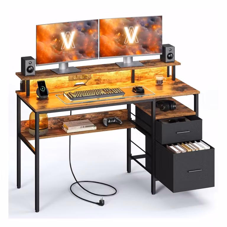 Scrivania per Computer con Luci a LED e Prese di Corrente Integrate, Marrone Vintage / 135l cm