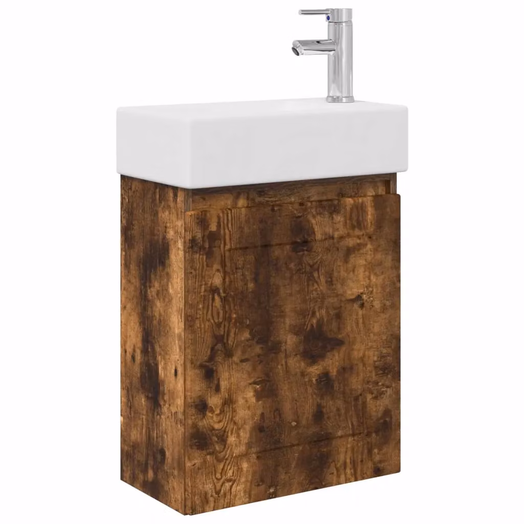 Mobile bagno moderno vidaXL in legno e ceramica, colore bianco e marrone, sospeso, L: 45,5 cm, P: 22,5 cm, H: 84 cm – 2