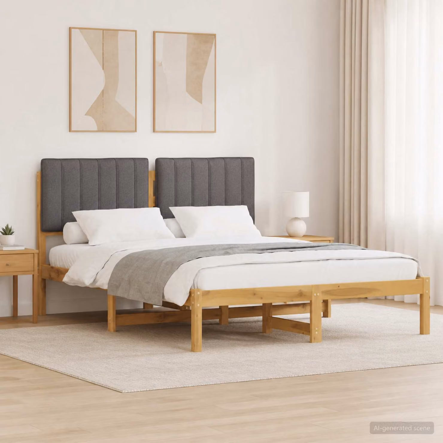 Letto con testiera rivestita vidaXL in legno di acacia e tessuto, Bianco lavato e Grigio chiaro, L/P/H: 140 x 200 x 85 cm