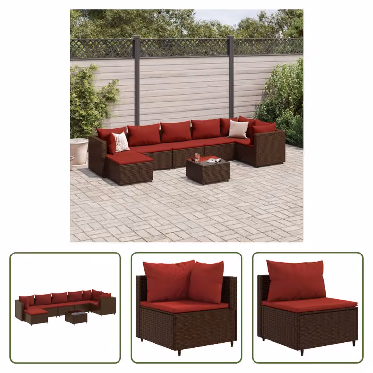 The Living Store Set salotto da giardino 8 pezzi con cuscini in poly rattan marrone