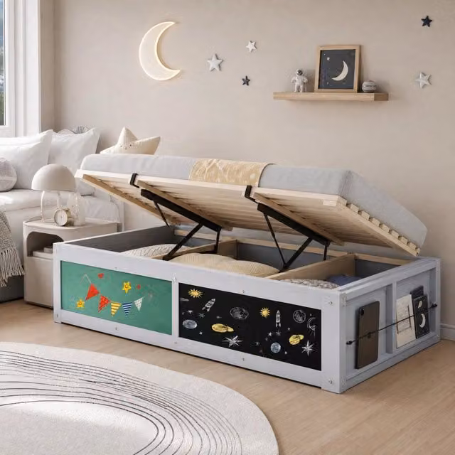 Letto per bambini REDOM in legno con contenitore idraulico, L/P: 90 x 200 cm, grigio o verde