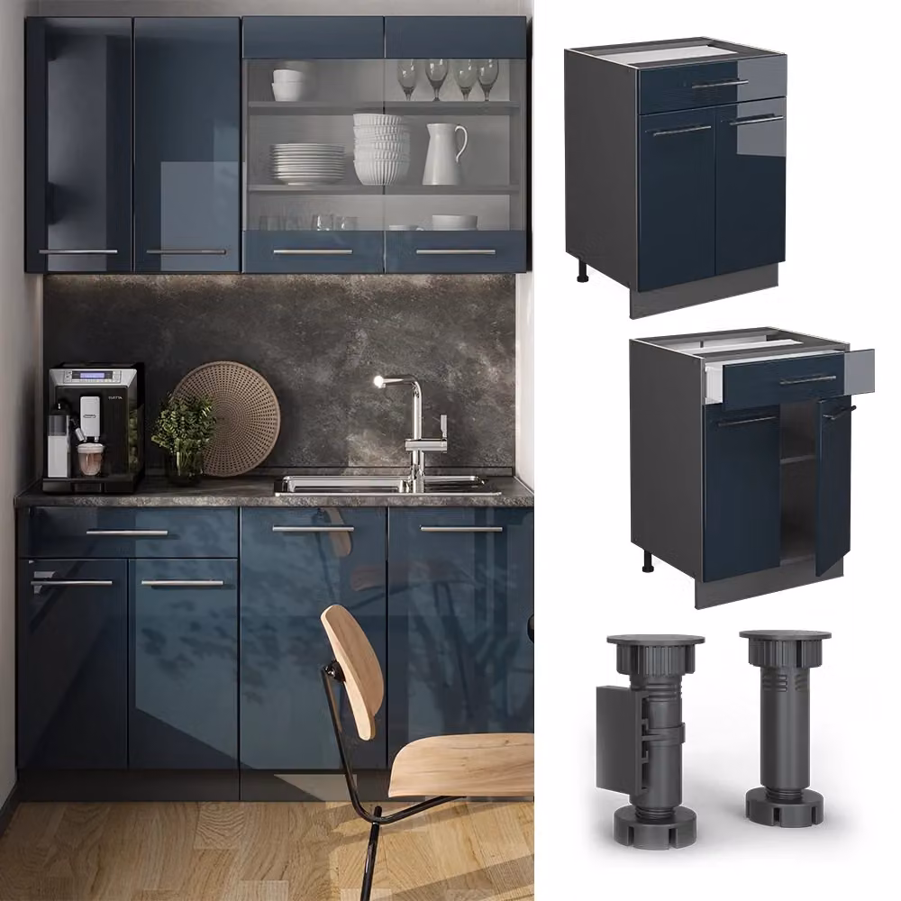 Mobiletto base per cucina Vicco Fame-Line Blu scuro lucido/Antracite con cassetto, senza piano di lavoro, L: 60 cm – 2