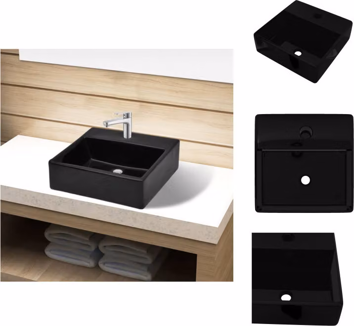 Lavabo in Vetroceramica con foro per rubinetto nero quadrato - Lavabo da bagno