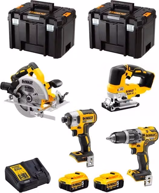 Kit DeWALT DWK403 Giallo con Avvitatore DCD796, Trapano DCF887, Seghetto DCS334, Troncatrice DCS570, 2 Batterie da 5,0 Ah e Caricatore DCB115 con 2 Contenitori TSTAK VI