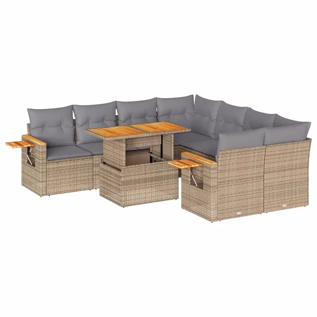 Set Divano da Giardino a L vidaXL in Polyrattan e Legno di Acacia con Cuscini Beige e Tavolino da Esterno 9 pz – 2