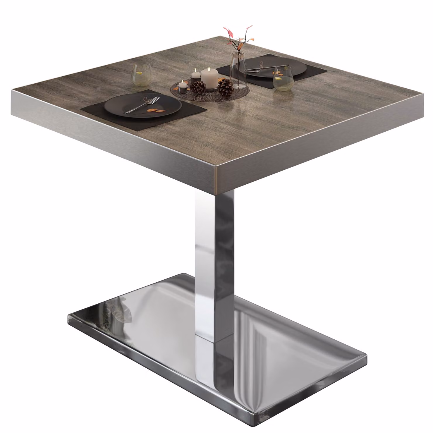 BM | Tavolo da bistrot | L:P:A 80 x 80 x 77 cm | Wengé chiaro / Acciaio inossidabile | Quadrato | Bordo in acciaio inossidabile | Tavolo da bistrot / Tavolo da pranzo