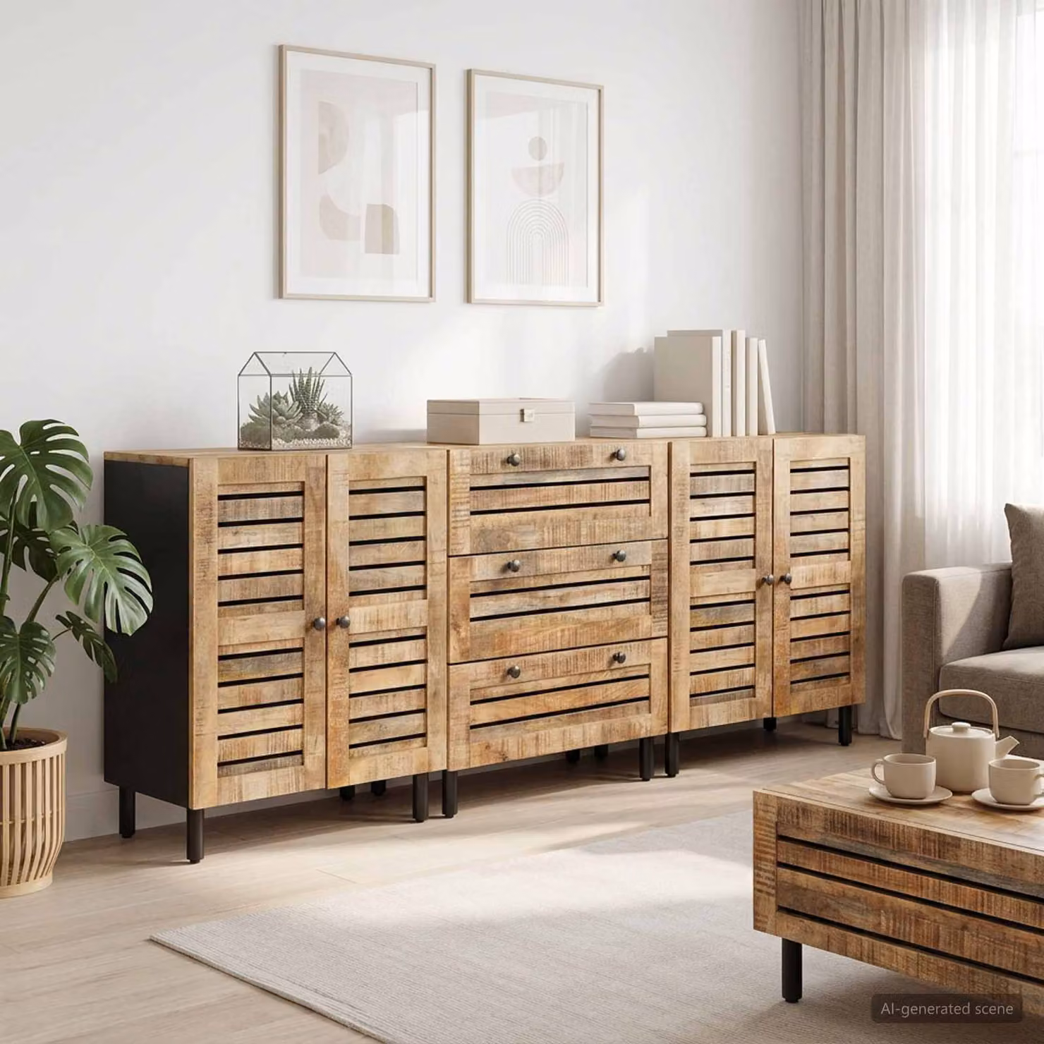 Set di 3 armadi da stoccaggio vidaXL in legno di mango marrone con ante a battente e cassetti, L/P/H: 180 x 33 x 75 cm
