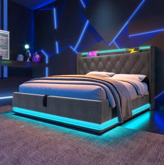 Letto matrimoniale 160x200 cm con illuminazione LED; contenitore idraulico; lino grigio (Senza materasso)