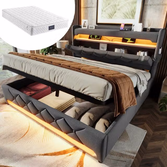 Desviae Litto contenitore 160 × 200 cm 2 posti con LED, USB e Type-C, materasso incluso, grigio, lino