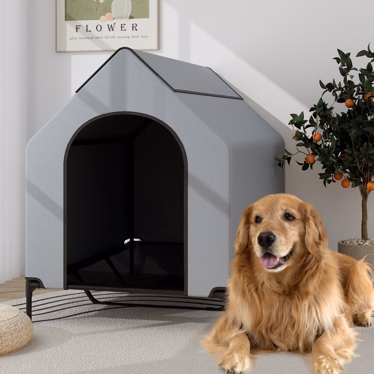 Cuccia per cani Costway con finestre ventilate e copertura rimovibile, Grigio, L: 132 cm, P: 84 cm, H: 114 cm