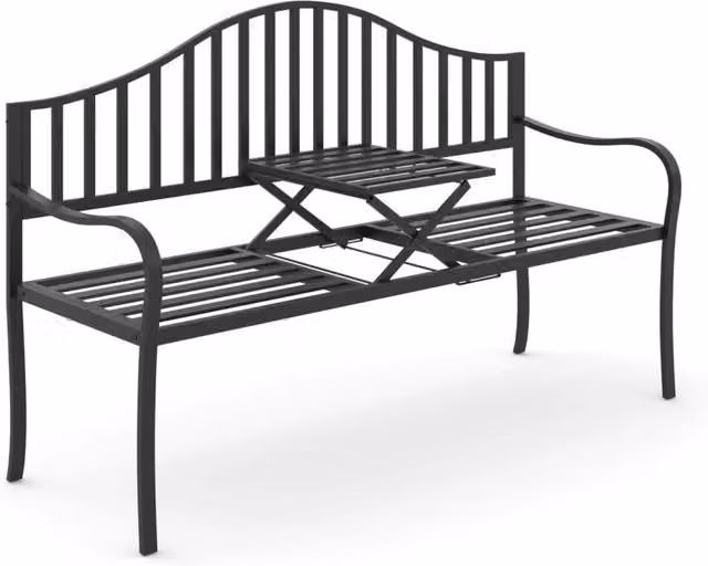 Easycomfort Panchina da Esterno a 2 Posti con Tavolino Estensibile in Metallo Nero L: 150 cm, P: 53 cm, H: 95 cm – 1