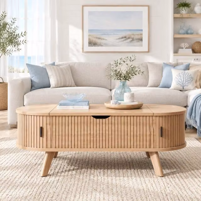 Tavolino da salotto elevabile con piano idraulico e 2 ante scorrevoli, vano nascosto, naturale, 110 × 50 × 53.5 cm