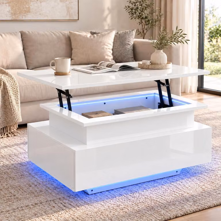 Tavolino da divano, bianco lucido, con altezza regolabile, dotato di LED, cassetti e ripiano, dimensioni 85x50x45 cm