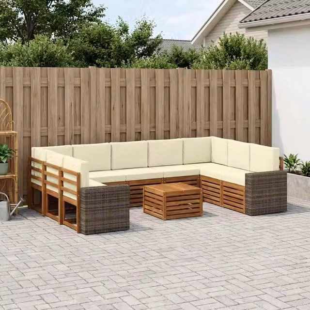 Set di divani da esterno vidaXL a forma di L con tavolo da caffè, composto da 10 pezzi in legno di acacia e tessuto beige e bianco resistente ai raggi UV – 1